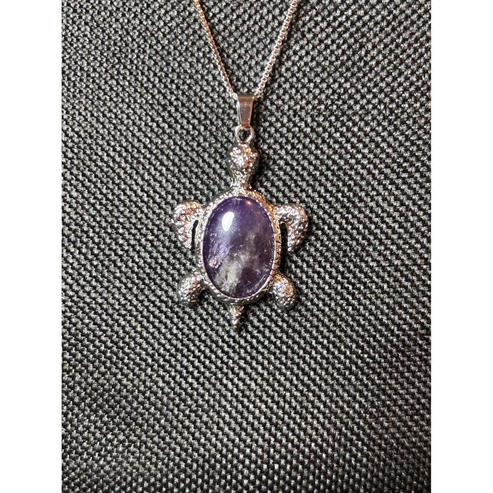 Amethyst Sea Turtle Pendant Necklace Stainless Steel Box Chain Purple Stone